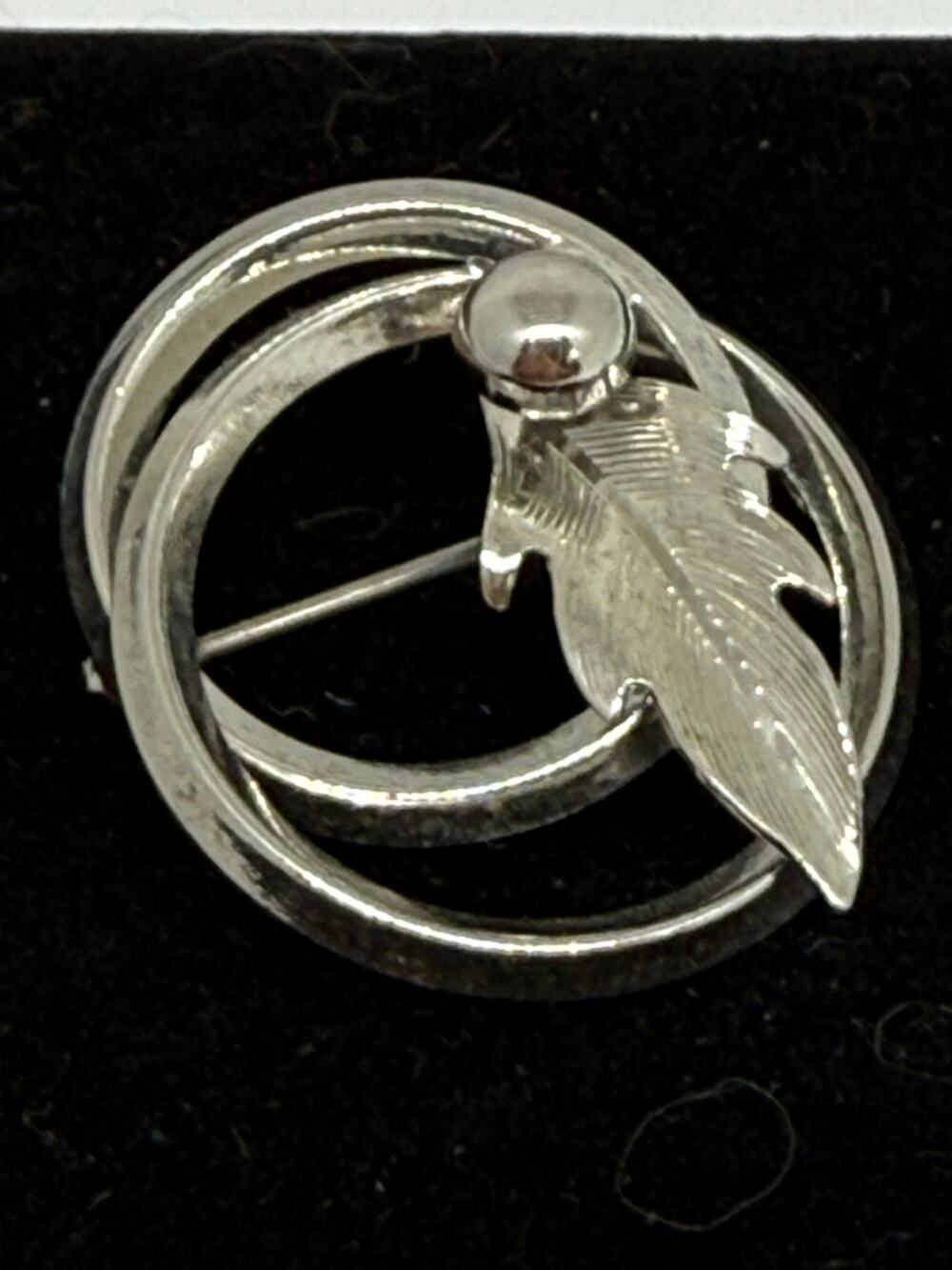 VINTAGE Abstract Feather Brooch Silver Tone Circular Leaf, Modernist Jewelry Pin